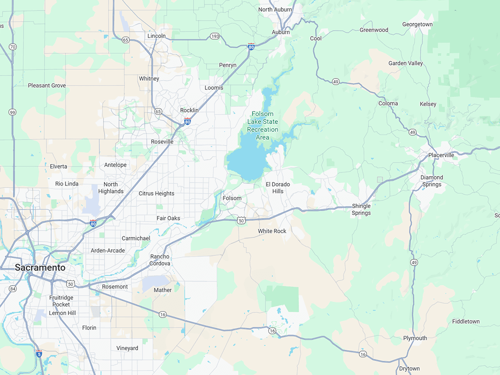 Map highlighting Bayshore Painters' service area in El Dorado Hills, CA and surrounding communities